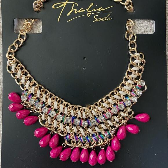New Thalia Sodi Gold Tone Hot Pink Bead Multicolored Bib Statement Necklace 19” - Picture 3 of 5